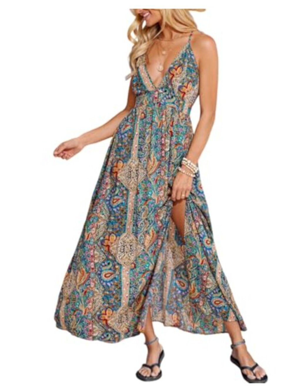 CUPSHE Boho Paisley Deep V-Neck High Slit Maxi Dress